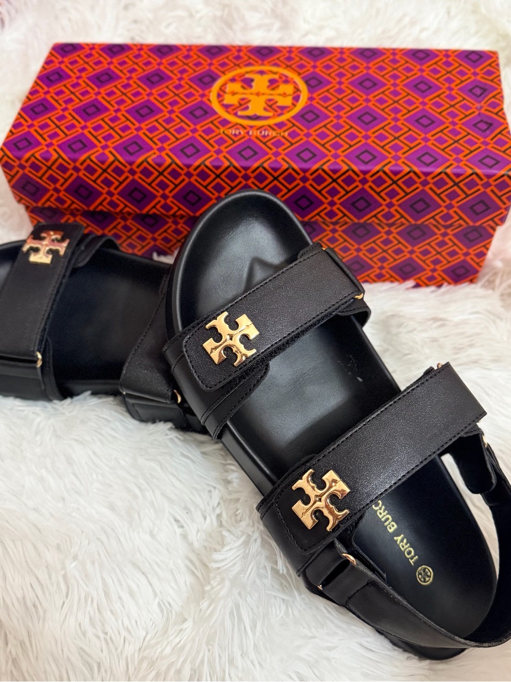 Tory Burch Black Leather Double-Strap Sandals with Gold Logo